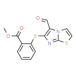 ChemSpider 2D Image | Methyl 2-[(5-formylimidazo[2,1-b][1,3]thiazol-6-yl)sulfanyl]benzoate | C14H10N2O3S2