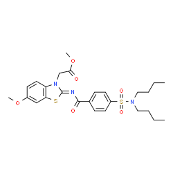 ChemSpider 2D Image | Methyl [(2Z)-2-{[4-(dibutylsulfamoyl)benzoyl]imino}-6-methoxy-1,3-benzothiazol-3(2H)-yl]acetate | C26H33N3O6S2