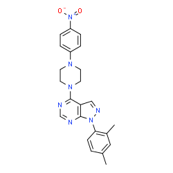 ChemSpider 2D Image | 1-(2,4-Dimethylphenyl)-4-[4-(4-nitrophenyl)-1-piperazinyl]-1H-pyrazolo[3,4-d]pyrimidine | C23H23N7O2