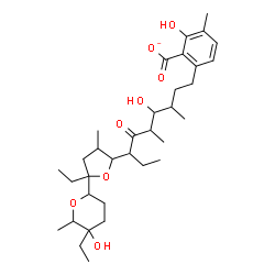 ChemSpider 2D Image | 6-{7-[5-Ethyl-5-(5-ethyl-5-hydroxy-6-methyltetrahydro-2H-pyran-2-yl)-3-methyltetrahydro-2-furanyl]-4-hydroxy-3,5-dimethyl-6-oxononyl}-2-hydroxy-3-methylbenzoate | C34H53O8