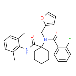 ChemSpider 2D Image | 2-Chloro-N-{1-[(2,6-dimethylphenyl)carbamoyl]cyclohexyl}-N-(2-furylmethyl)benzamide | C27H29ClN2O3