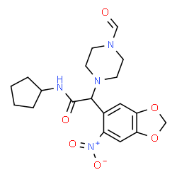 ChemSpider 2D Image | N-Cyclopentyl-2-(4-formyl-1-piperazinyl)-2-(6-nitro-1,3-benzodioxol-5-yl)acetamide | C19H24N4O6