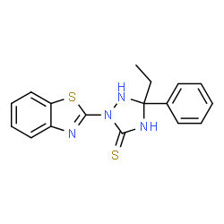ChemSpider 2D Image | 2-(1,3-Benzothiazol-2-yl)-5-ethyl-5-phenyl-1,2,4-triazolidine-3-thione | C17H16N4S2
