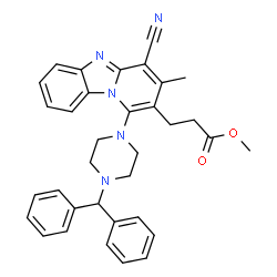 ChemSpider 2D Image | Methyl 3-{4-cyano-1-[4-(diphenylmethyl)-1-piperazinyl]-3-methylpyrido[1,2-a]benzimidazol-2-yl}propanoate | C34H33N5O2
