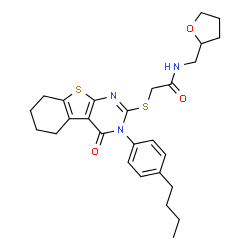 ChemSpider 2D Image | 2-{[3-(4-Butylphenyl)-4-oxo-3,4,5,6,7,8-hexahydro[1]benzothieno[2,3-d]pyrimidin-2-yl]sulfanyl}-N-(tetrahydro-2-furanylmethyl)acetamide | C27H33N3O3S2