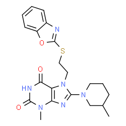 ChemSpider 2D Image | 2H-purin-2-one, 7-[2-(2-benzoxazolylthio)ethyl]-3,7-dihydro-6-hydroxy-3-methyl-8-(3-methyl-1-piperidinyl)- | C21H24N6O3S