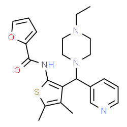 ChemSpider 2D Image | N-{3-[(4-Ethyl-1-piperazinyl)(3-pyridinyl)methyl]-4,5-dimethyl-2-thienyl}-2-furamide | C23H28N4O2S