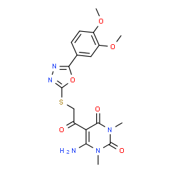 ChemSpider 2D Image | 6-Amino-5-({[5-(3,4-dimethoxyphenyl)-1,3,4-oxadiazol-2-yl]sulfanyl}acetyl)-1,3-dimethyl-2,4(1H,3H)-pyrimidinedione | C18H19N5O6S