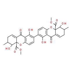 ChemSpider 2D Image | Dimethyl 1,1',5,5'-tetrahydroxy-6,6'-dimethyl-9,9'-dioxo-5,5',6,6',7,7',9,9'-octahydro-10aH,10a'H-2,2'-bixanthene-10a,10a'-dicarboxylate | C32H30O12