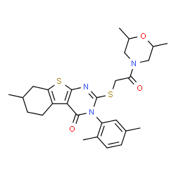 ChemSpider 2D Image | 2-{[2-(2,6-Dimethyl-4-morpholinyl)-2-oxoethyl]sulfanyl}-3-(2,5-dimethylphenyl)-7-methyl-5,6,7,8-tetrahydro[1]benzothieno[2,3-d]pyrimidin-4(3H)-one | C27H33N3O3S2