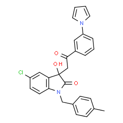 ChemSpider 2D Image | 5-Chloro-3-hydroxy-1-(4-methylbenzyl)-3-{2-oxo-2-[3-(1H-pyrrol-1-yl)phenyl]ethyl}-1,3-dihydro-2H-indol-2-one | C28H23ClN2O3