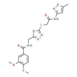ChemSpider 2D Image | 3,4-Dimethoxy-N-{[5-({2-[(5-methyl-1,2-oxazol-3-yl)amino]-2-oxoethyl}sulfanyl)-1,3,4-oxadiazol-2-yl]methyl}benzamide | C18H19N5O6S