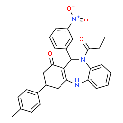 ChemSpider 2D Image | 3-(4-Methylphenyl)-11-(3-nitrophenyl)-10-propionyl-2,3,4,5,10,11-hexahydro-1H-dibenzo[b,e][1,4]diazepin-1-one | C29H27N3O4