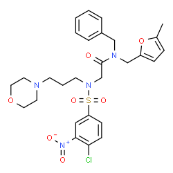 ChemSpider 2D Image | N-Benzyl-N~2~-[(4-chloro-3-nitrophenyl)sulfonyl]-N-[(5-methyl-2-furyl)methyl]-N~2~-[3-(4-morpholinyl)propyl]glycinamide | C28H33ClN4O7S