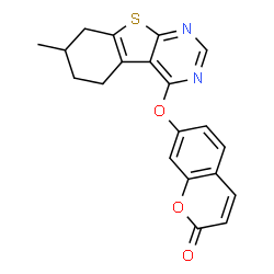 ChemSpider 2D Image | 7-[(7-Methyl-5,6,7,8-tetrahydro[1]benzothieno[2,3-d]pyrimidin-4-yl)oxy]-2H-chromen-2-one | C20H16N2O3S