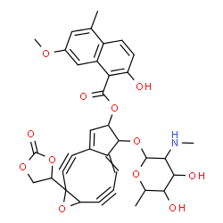 ChemSpider 2D Image | 6-{[2,6-Dideoxy-2-(methylamino)hexopyranosyl]oxy}-1a-(2-oxo-1,3-dioxolan-4-yl)-2,3,8,9-tetradehydro-1a,5,6,9a-tetrahydrocyclopenta[5,6]cyclonona[1,2-b]oxiren-5-yl 2-hydroxy-7-methoxy-5-methyl-1-naphth
oate | C35H33NO12