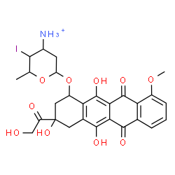 ChemSpider 2D Image | 6-[(3-Glycoloyl-3,5,12-trihydroxy-10-methoxy-6,11-dioxo-1,2,3,4,6,11-hexahydro-1-tetracenyl)oxy]-3-iodo-2-methyltetrahydro-2H-pyran-4-aminium | C27H29INO10