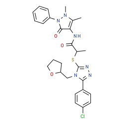 ChemSpider 2D Image | 2-{[5-(4-Chlorophenyl)-4-(tetrahydro-2-furanylmethyl)-4H-1,2,4-triazol-3-yl]sulfanyl}-N-(1,5-dimethyl-3-oxo-2-phenyl-2,3-dihydro-1H-pyrazol-4-yl)propanamide | C27H29ClN6O3S