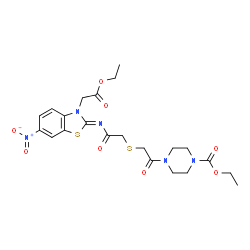 ChemSpider 2D Image | Ethyl 4-{[(2-{(Z)-[3-(2-ethoxy-2-oxoethyl)-6-nitro-1,3-benzothiazol-2(3H)-ylidene]amino}-2-oxoethyl)sulfanyl]acetyl}-1-piperazinecarboxylate | C22H27N5O8S2