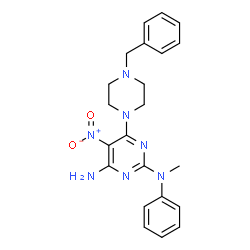ChemSpider 2D Image | 6-(4-Benzyl-1-piperazinyl)-N~2~-methyl-5-nitro-N~2~-phenyl-2,4-pyrimidinediamine | C22H25N7O2