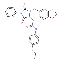 ChemSpider 2D Image | 2-[3-(1,3-Benzodioxol-5-ylmethyl)-2,5-dioxo-1-phenyl-4-imidazolidinyl]-N-(4-ethoxyphenyl)acetamide | C27H25N3O6