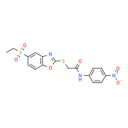 ChemSpider 2D Image | 2-{[5-(Ethylsulfonyl)-1,3-benzoxazol-2-yl]sulfanyl}-N-(4-nitrophenyl)acetamide | C17H15N3O6S2