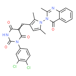 ChemSpider 2D Image | 1-(3,4-Dichlorophenyl)-5-{[2,5-dimethyl-1-(2-methyl-4-oxo-3(4H)-quinazolinyl)-1H-pyrrol-3-yl]methylene}-2,4,6(1H,3H,5H)-pyrimidinetrione | C26H19Cl2N5O4