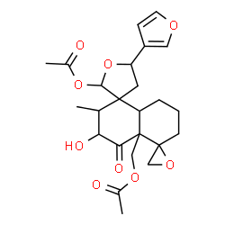 ChemSpider 2D Image | [2-Acetoxy-5-(3-furyl)-3'-hydroxy-2'-methyl-4'-oxooctahydrodispiro[furan-3,1'-naphthalene-5',2''-oxiran]-4a'(2'H)-yl]methyl acetate | C24H30O9