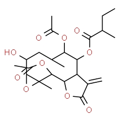 ChemSpider 2D Image | 5,10-Diacetoxy-2-hydroxy-4,10a-dimethyl-7-methylene-8-oxododecahydrooxireno[8,9]cyclodeca[1,2-b]furan-6-yl 2-methylbutanoate | C24H34O10