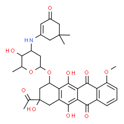 ChemSpider 2D Image | 3-Acetyl-3,5,12-trihydroxy-10-methoxy-6,11-dioxo-1,2,3,4,6,11-hexahydro-1-tetracenyl 2,3,6-trideoxy-3-[(5,5-dimethyl-3-oxo-1-cyclohexen-1-yl)amino]hexopyranoside | C35H39NO11