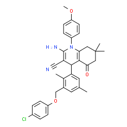 ChemSpider 2D Image | 2-Amino-4-{3-[(4-chlorophenoxy)methyl]-2,5-dimethylphenyl}-1-(4-methoxyphenyl)-7,7-dimethyl-5-oxo-1,4,5,6,7,8-hexahydro-3-quinolinecarbonitrile | C34H34ClN3O3