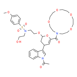 ChemSpider 2D Image | N-(2-{[4-(1-Acetyl-1H-indol-3-yl)-6-(1,4,7,10-tetraoxa-13-azacyclopentadecan-13-ylcarbonyl)-3,4-dihydro-2H-pyran-2-yl]oxy}ethyl)-N-(2-hydroxyethyl)-4-methoxybenzenesulfonamide | C37H49N3O12S