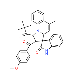 ChemSpider 2D Image | 1'-(2,2-Dimethylpropanoyl)-2'-(4-methoxybenzoyl)-5',7'-dimethyl-1',2'-dihydro-3a'H-spiro[indole-3,3'-pyrrolo[1,2-a]quinolin]-2(1H)-one | C34H34N2O4