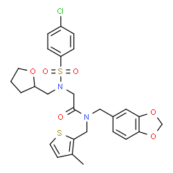 ChemSpider 2D Image | N-(1,3-Benzodioxol-5-ylmethyl)-N~2~-[(4-chlorophenyl)sulfonyl]-N-[(3-methyl-2-thienyl)methyl]-N~2~-(tetrahydro-2-furanylmethyl)glycinamide | C27H29ClN2O6S2