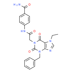 ChemSpider 2D Image | 4-{[(3-Benzyl-7-ethyl-2,6-dioxo-2,3,6,7-tetrahydro-1H-purin-1-yl)acetyl]amino}benzamide | C23H22N6O4