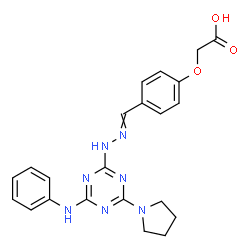 ChemSpider 2D Image | [4-({[4-Anilino-6-(1-pyrrolidinyl)-1,3,5-triazin-2-yl]hydrazono}methyl)phenoxy]acetic acid | C22H23N7O3