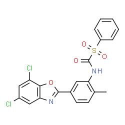 ChemSpider 2D Image | {[5-(5,7-Dichloro-1,3-benzoxazol-2-yl)-2-methylphenyl]amino}(phenylsulfonyl)methanone | C21H14Cl2N2O4S
