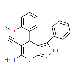 ChemSpider 2D Image | 6-Amino-4-(2-methoxyphenyl)-3-phenyl-2,4-dihydropyrano[2,3-c]pyrazole-5-carbonitrile | C20H16N4O2