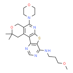 ChemSpider 2D Image | N-(3-Methoxypropyl)-2,2-dimethyl-5-(4-morpholinyl)-1,4-dihydro-2H-pyrano[4'',3'':4',5']pyrido[3',2':4,5]thieno[3,2-d]pyrimidin-8-amine | C22H29N5O3S