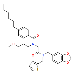 ChemSpider 2D Image | N-{2-[(1,3-Benzodioxol-5-ylmethyl)(2-thienylmethyl)amino]-2-oxoethyl}-4-hexyl-N-(3-methoxypropyl)benzamide | C32H40N2O5S