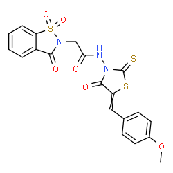 ChemSpider 2D Image | 2-(1,1-Dioxido-3-oxo-1,2-benzothiazol-2(3H)-yl)-N-[5-(4-methoxybenzylidene)-4-oxo-2-thioxo-1,3-thiazolidin-3-yl]acetamide | C20H15N3O6S3