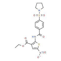 ChemSpider 2D Image | Ethyl 5-nitro-2-{[4-(1-pyrrolidinylsulfonyl)benzoyl]amino}-3-thiophenecarboxylate | C18H19N3O7S2