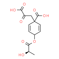 ChemSpider 2D Image | 1-(2-Carboxy-2-oxoethyl)-4-{[(2R)-2-hydroxypropanoyl]oxy}-2,5-cyclohexadiene-1-carboxylic acid | C13H14O8