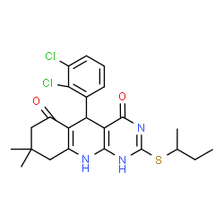 ChemSpider 2D Image | 2-(sec-Butylsulfanyl)-5-(2,3-dichlorophenyl)-8,8-dimethyl-5,8,9,10-tetrahydropyrimido[4,5-b]quinoline-4,6(1H,7H)-dione | C23H25Cl2N3O2S