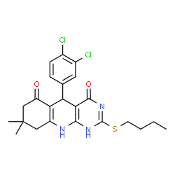 ChemSpider 2D Image | pyrimido[4,5-b]quinoline-4,6(3H,7H)-dione, 2-(butylthio)-5-(3,4-dichlorophenyl)-5,8,9,10-tetrahydro-8,8-dimethyl- | C23H25Cl2N3O2S