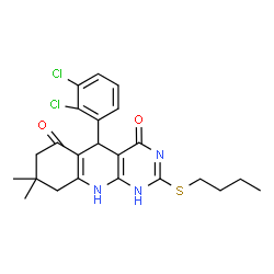 ChemSpider 2D Image | pyrimido[4,5-b]quinoline-4,6(3H,7H)-dione, 2-(butylthio)-5-(2,3-dichlorophenyl)-5,8,9,10-tetrahydro-8,8-dimethyl- | C23H25Cl2N3O2S