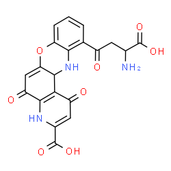 ChemSpider 2D Image | 11-(3-amino-3-carboxypropanoyl)-1-hydroxy-5-oxo-12,12a-dihydro-5H-pyrido[3,2-a]phenoxazine-3-carboxylic acid | C20H15N3O8