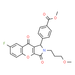 ChemSpider 2D Image | Methyl 4-[7-fluoro-2-(3-methoxypropyl)-3,9-dioxo-1,2,3,9-tetrahydrochromeno[2,3-c]pyrrol-1-yl]benzoate | C23H20FNO6