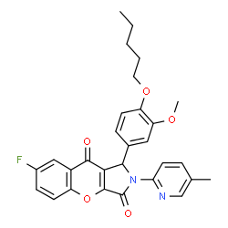 ChemSpider 2D Image | 7-Fluoro-1-[3-methoxy-4-(pentyloxy)phenyl]-2-(5-methyl-2-pyridinyl)-1,2-dihydrochromeno[2,3-c]pyrrole-3,9-dione | C29H27FN2O5