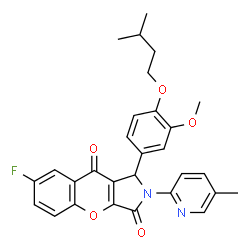 ChemSpider 2D Image | 7-Fluoro-1-[3-methoxy-4-(3-methylbutoxy)phenyl]-2-(5-methyl-2-pyridinyl)-1,2-dihydrochromeno[2,3-c]pyrrole-3,9-dione | C29H27FN2O5